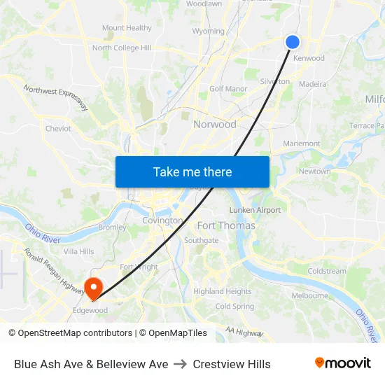 Blue Ash Ave & Belleview Ave to Crestview Hills map