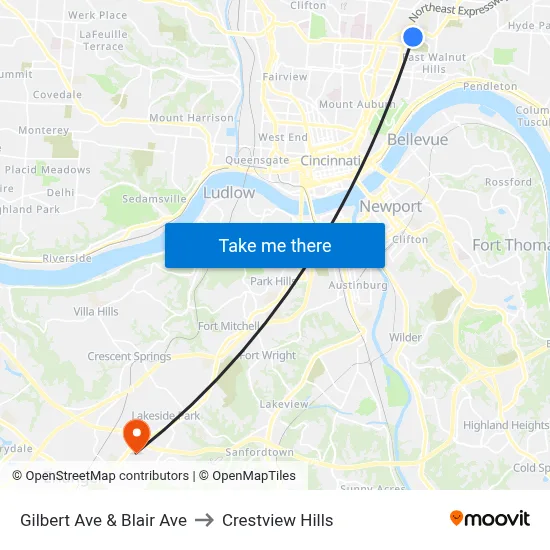 Gilbert Ave & Blair Ave to Crestview Hills map