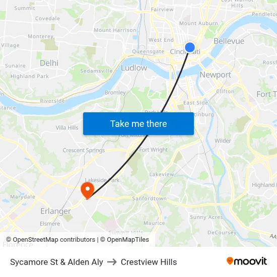 Sycamore St & Alden Aly to Crestview Hills map