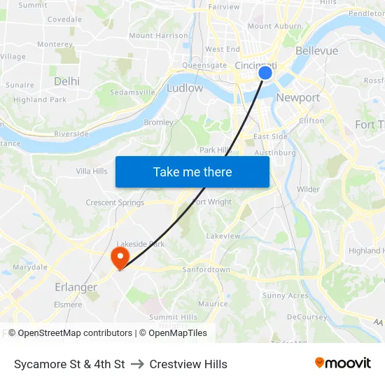 Sycamore St & 4th St to Crestview Hills map