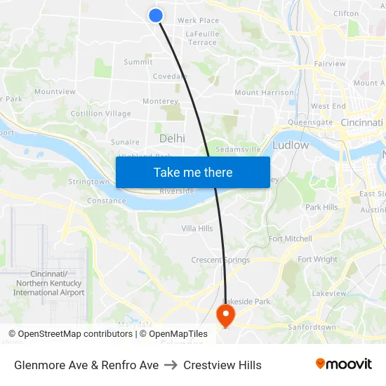 Glenmore Ave & Renfro Ave to Crestview Hills map