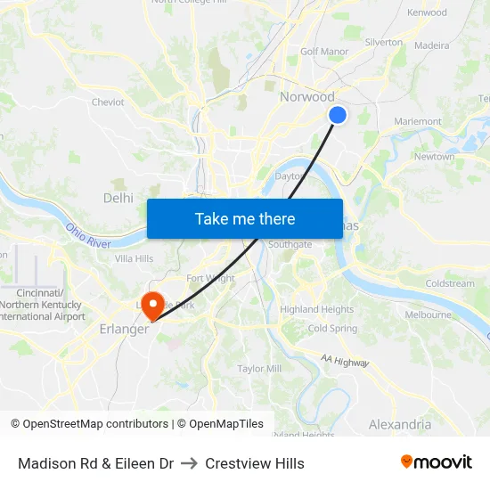 Madison Rd & Eileen Dr to Crestview Hills map