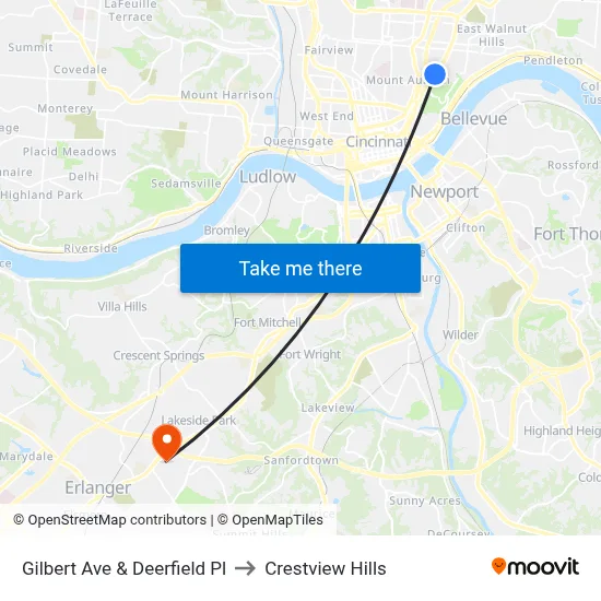 Gilbert Ave & Deerfield Pl to Crestview Hills map