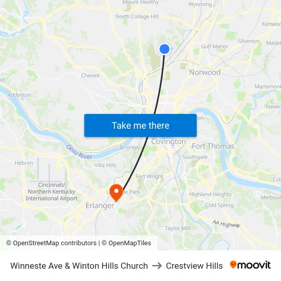 Winneste Ave & Winton Hills Church to Crestview Hills map