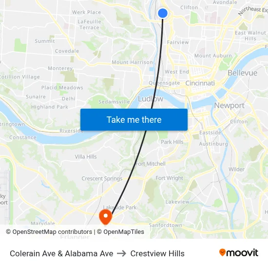 Colerain Ave & Alabama Ave to Crestview Hills map