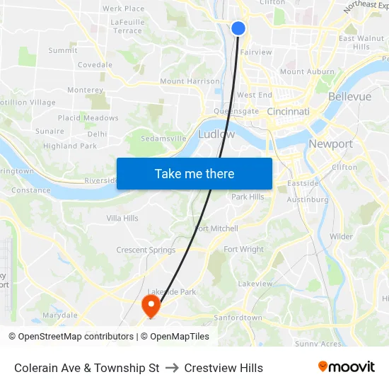 Colerain Ave & Township St to Crestview Hills map