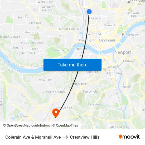 Colerain Ave & Marshall Ave to Crestview Hills map