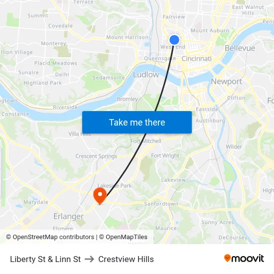 Liberty St & Linn St to Crestview Hills map