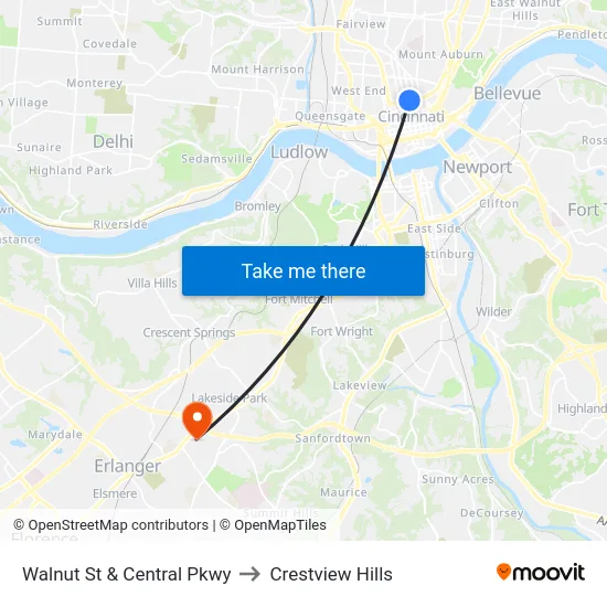 Walnut St & Central Pkwy to Crestview Hills map
