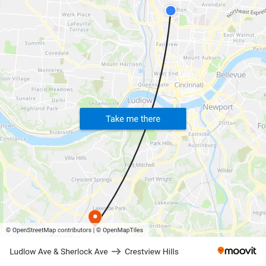 Ludlow Ave & Sherlock Ave to Crestview Hills map