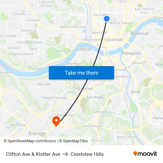 Clifton Ave & Klotter Ave to Crestview Hills map