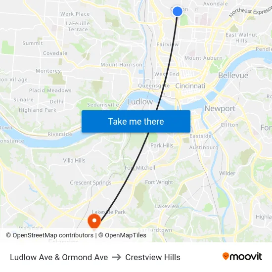 Ludlow Ave & Ormond Ave to Crestview Hills map