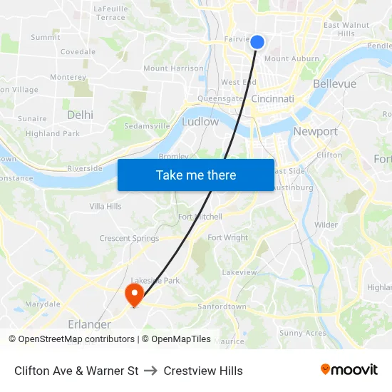 Clifton Ave & Warner St to Crestview Hills map