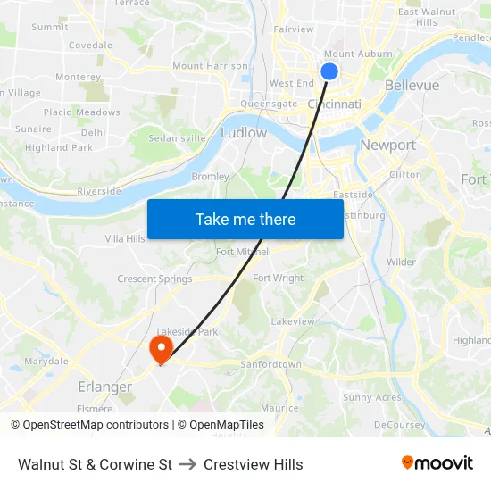 Walnut St & Corwine St to Crestview Hills map