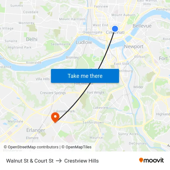 Walnut St & Court St to Crestview Hills map