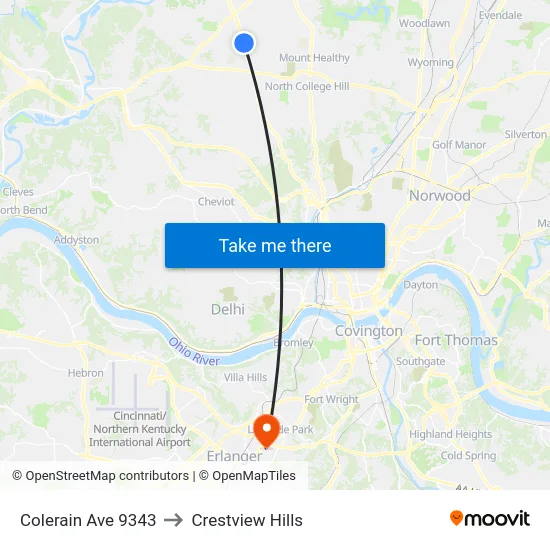Colerain Ave 9343 to Crestview Hills map