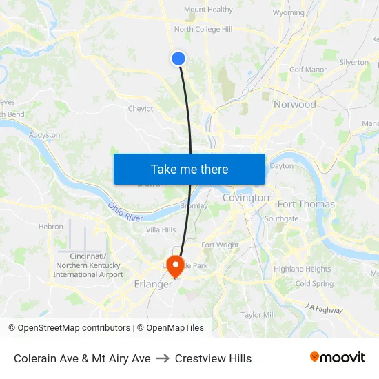 Colerain Ave & Mt Airy Ave to Crestview Hills map