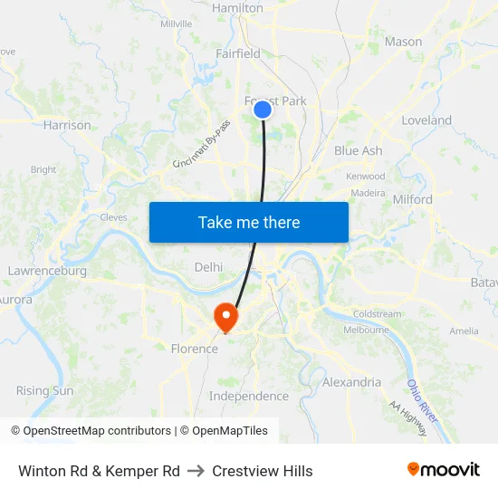 Winton Rd & Kemper Rd to Crestview Hills map