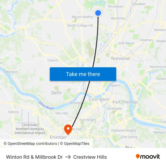Winton Rd & Millbrook Dr to Crestview Hills map