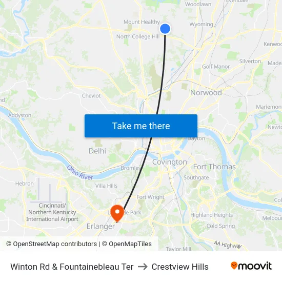 Winton Rd & Fountainebleau Ter to Crestview Hills map