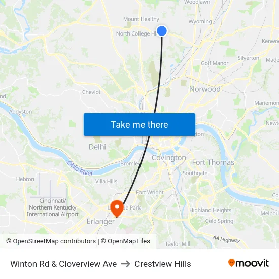 Winton Rd & Cloverview Ave to Crestview Hills map