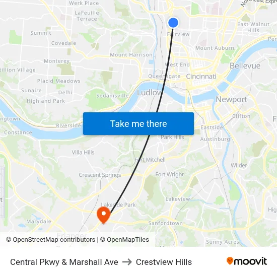 Central Pkwy & Marshall Ave to Crestview Hills map