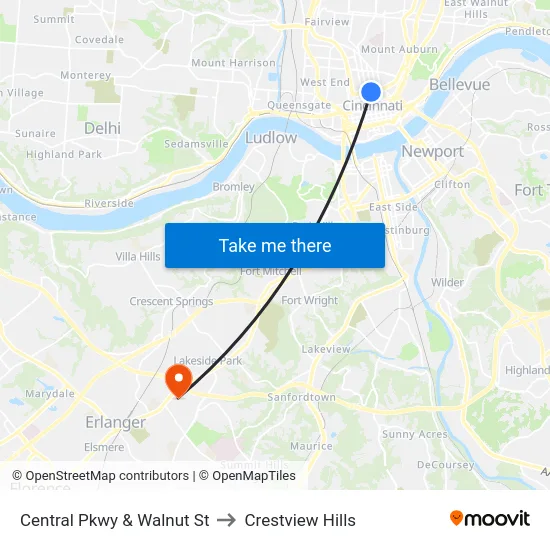 Central Pkwy & Walnut St to Crestview Hills map