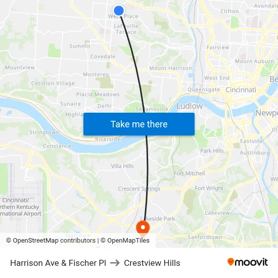 Harrison Ave & Fischer Pl to Crestview Hills map