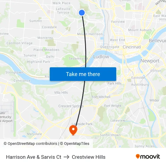 Harrison Ave & Sarvis Ct to Crestview Hills map