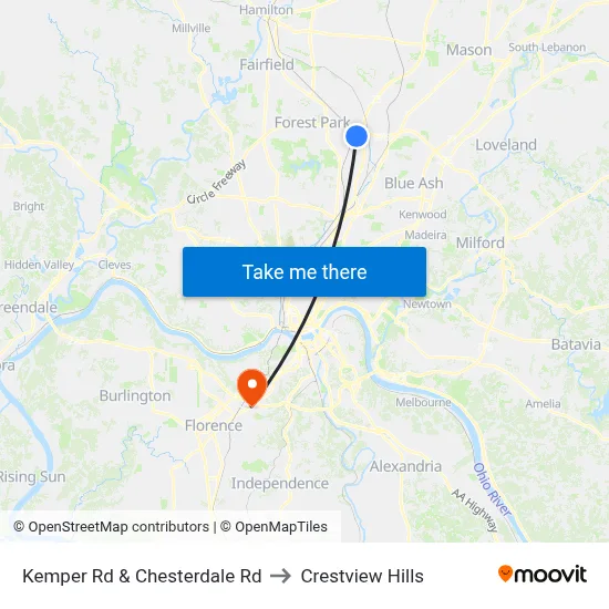 Kemper Rd & Chesterdale Rd to Crestview Hills map