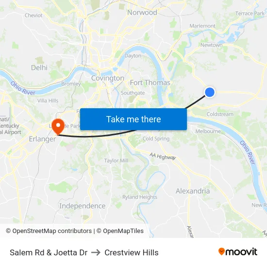 Salem Rd & Joetta Dr to Crestview Hills map