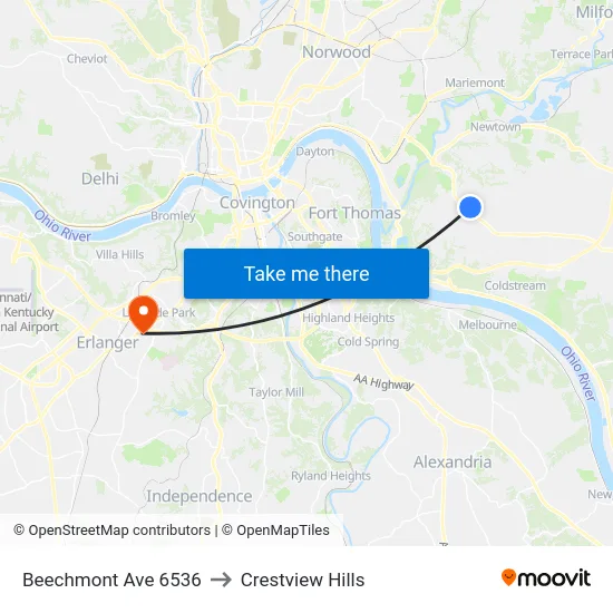 Beechmont Ave 6536 to Crestview Hills map