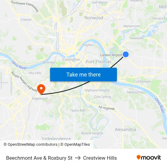 Beechmont Ave & Roxbury St to Crestview Hills map