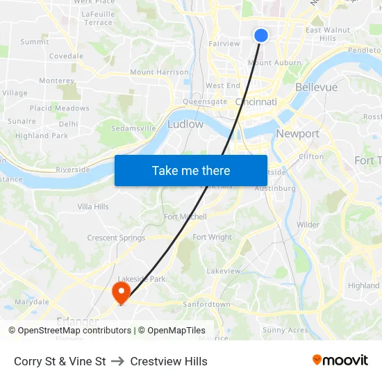 Corry St & Vine St to Crestview Hills map