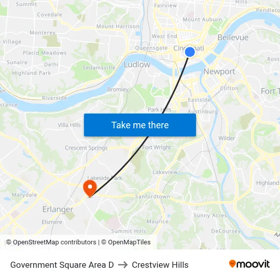 Government Square Area D to Crestview Hills map