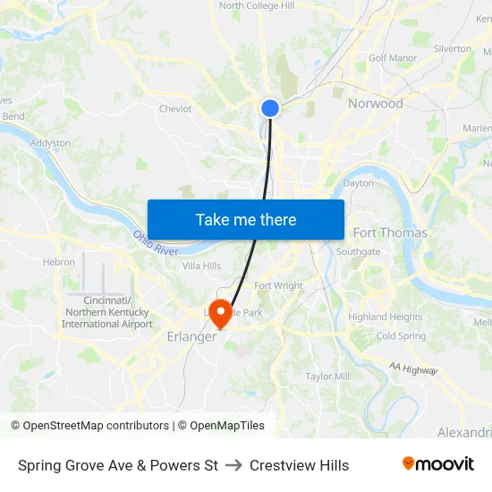 Spring Grove Ave & Powers St to Crestview Hills map