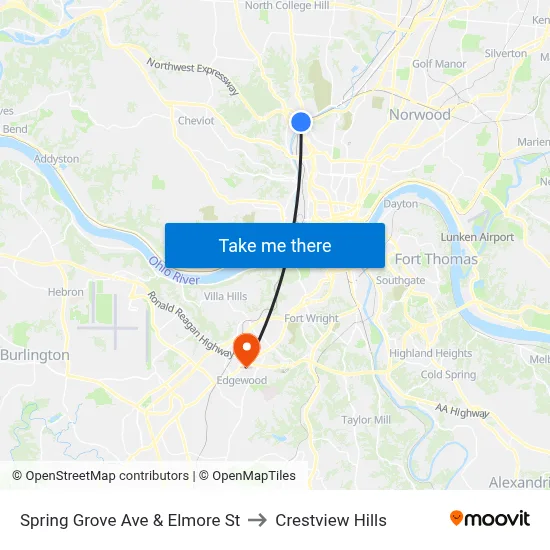 Spring Grove Ave & Elmore St to Crestview Hills map
