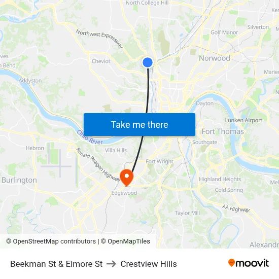 Beekman St & Elmore St to Crestview Hills map