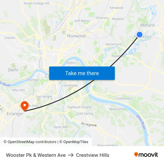 Wooster Pk & Western Ave to Crestview Hills map