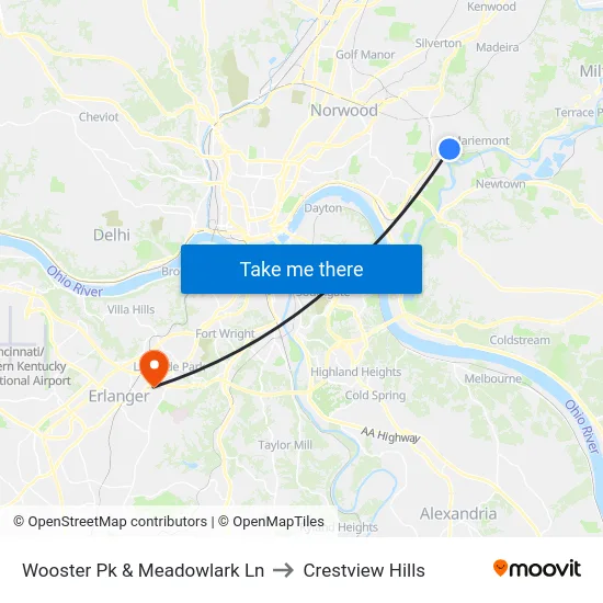Wooster Pk & Meadowlark Ln to Crestview Hills map