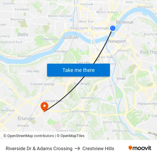 Riverside Dr & Adams Crossing to Crestview Hills map