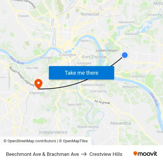 Beechmont Ave & Brachman Ave to Crestview Hills map