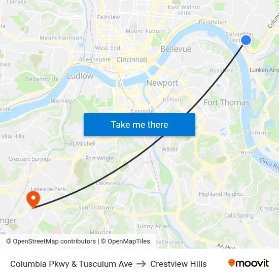 Columbia Pkwy & Tusculum Ave to Crestview Hills map