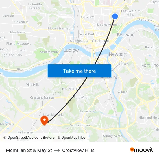 Mcmillan St & May St to Crestview Hills map