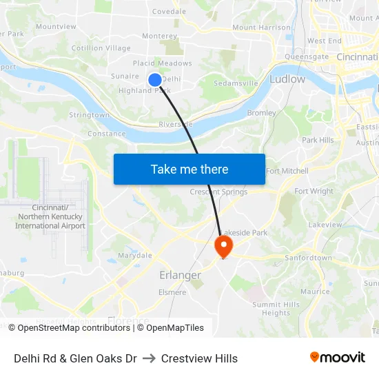 Delhi Rd & Glen Oaks Dr to Crestview Hills map