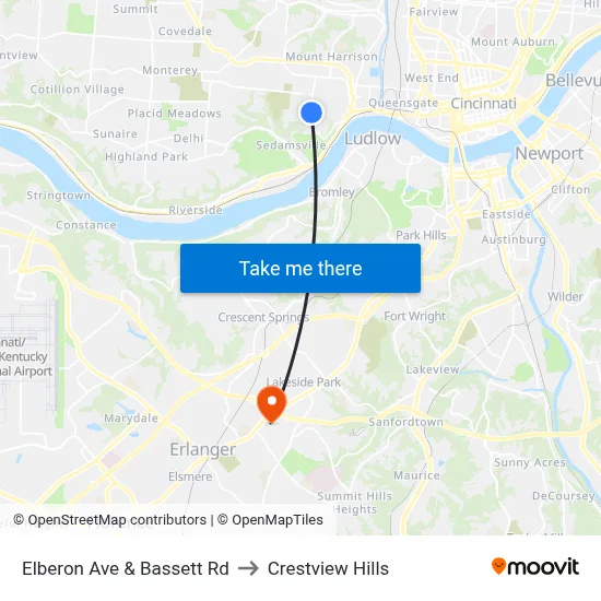 Elberon Ave & Bassett Rd to Crestview Hills map