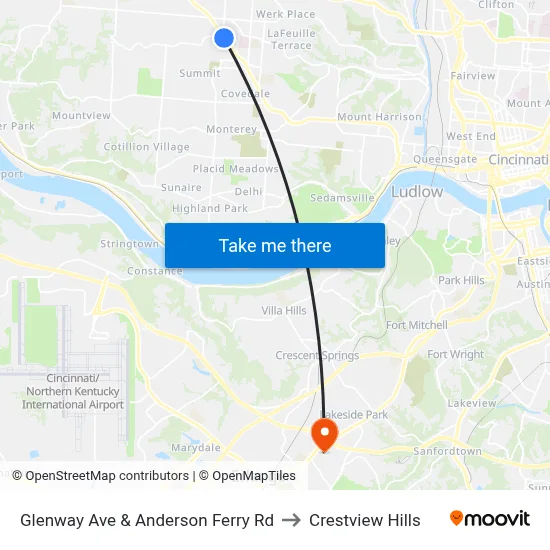 Glenway Ave & Anderson Ferry Rd to Crestview Hills map