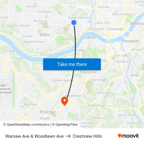 Warsaw Ave & Woodlawn Ave to Crestview Hills map
