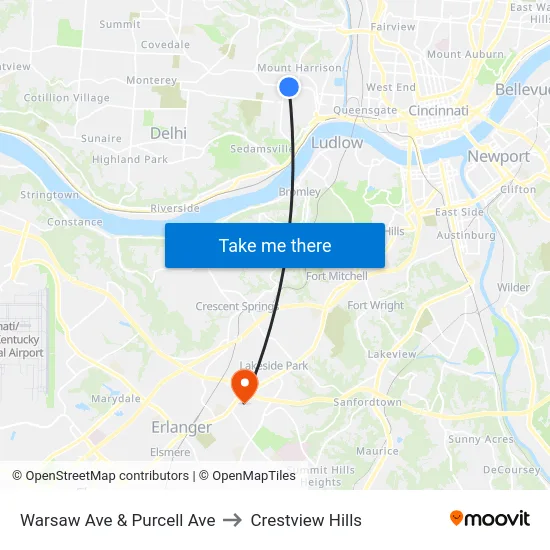 Warsaw Ave & Purcell Ave to Crestview Hills map