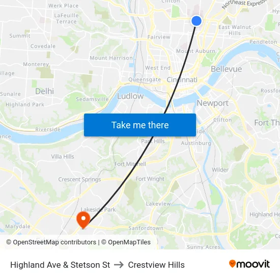 Highland Ave & Stetson St to Crestview Hills map